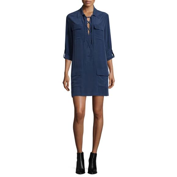 NWT Equipment Knox‎ Lace-Up Silk Shift Dress in Peacoat Women’s Size Small - Picture 1 of 11